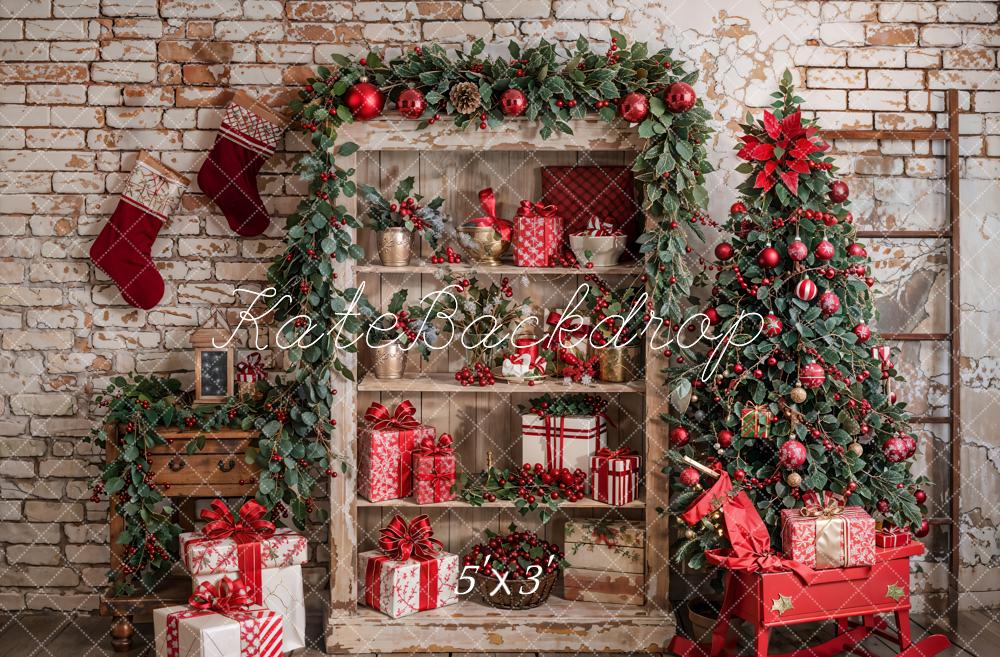 Kate Christmas Tree Retro Brick Wall Backdrop Designed by Emetselch - Kate Backdrop AU