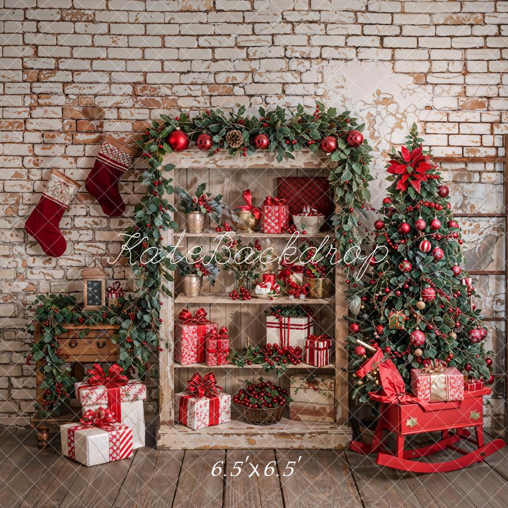 Kate Christmas Tree Retro Brick Wall Backdrop Designed by Emetselch - Kate Backdrop AU