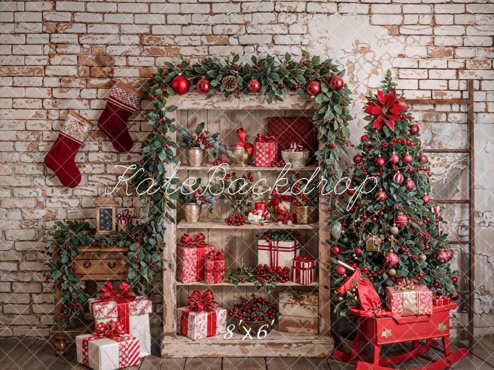 Kate Christmas Tree Retro Brick Wall Backdrop Designed by Emetselch - Kate Backdrop AU