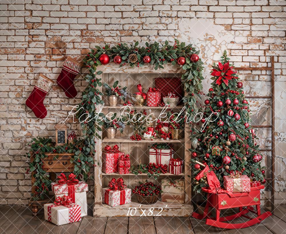 Kate Christmas Tree Retro Brick Wall Backdrop Designed by Emetselch - Kate Backdrop AU