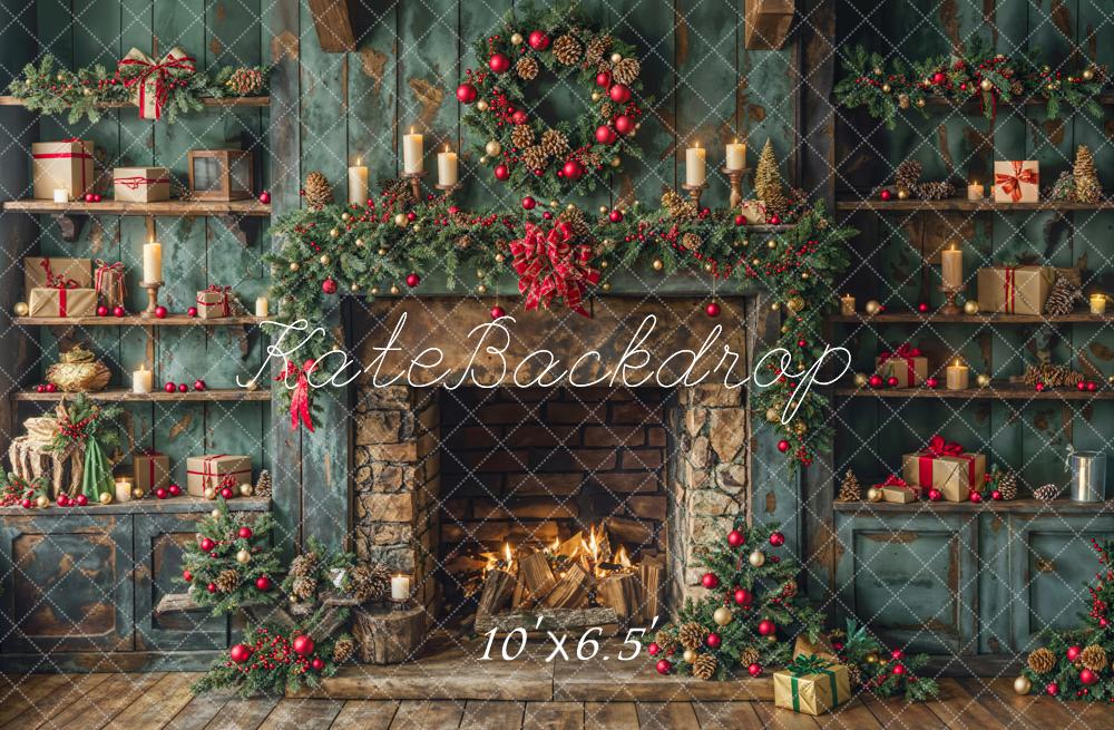 Kate Christmas Green Fireplace Backdrop Designed by Emetselch - Kate Backdrop AU