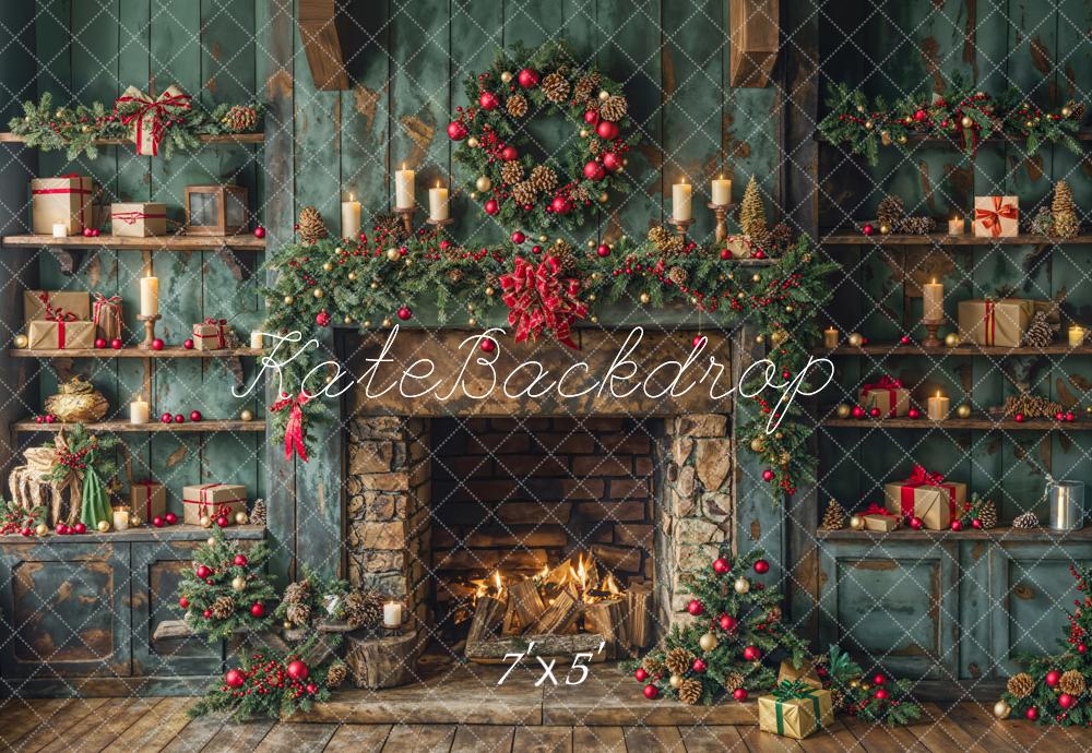 Kate Christmas Green Fireplace Backdrop Designed by Emetselch - Kate Backdrop AU