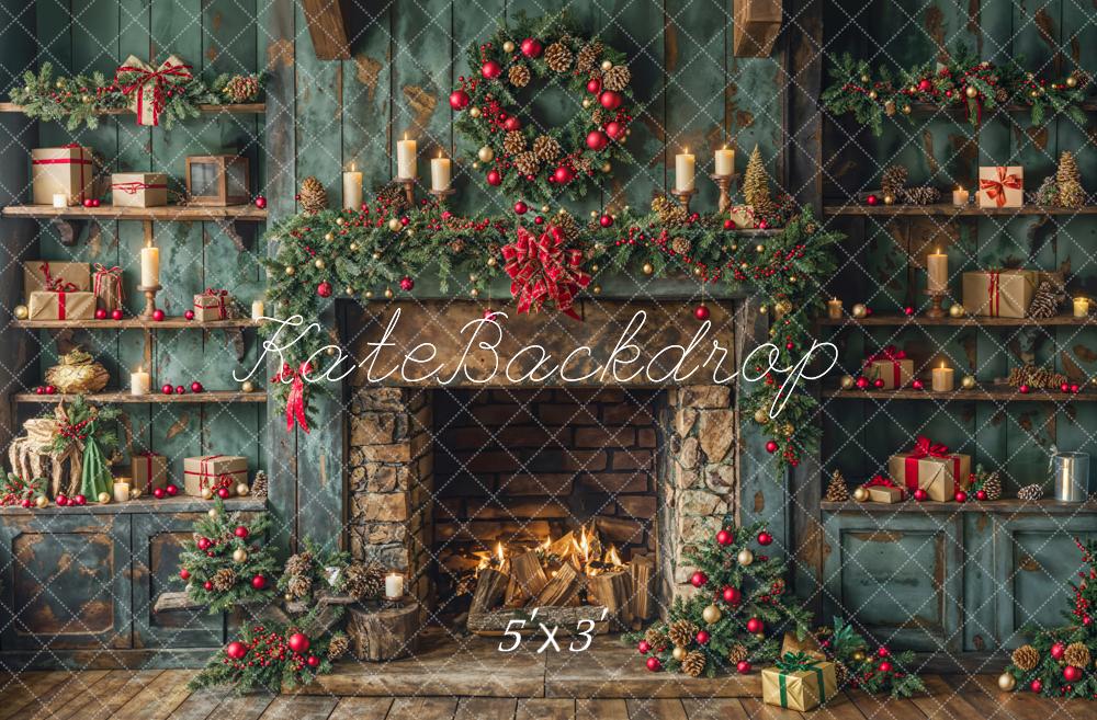 Kate Christmas Green Fireplace Backdrop Designed by Emetselch - Kate Backdrop AU