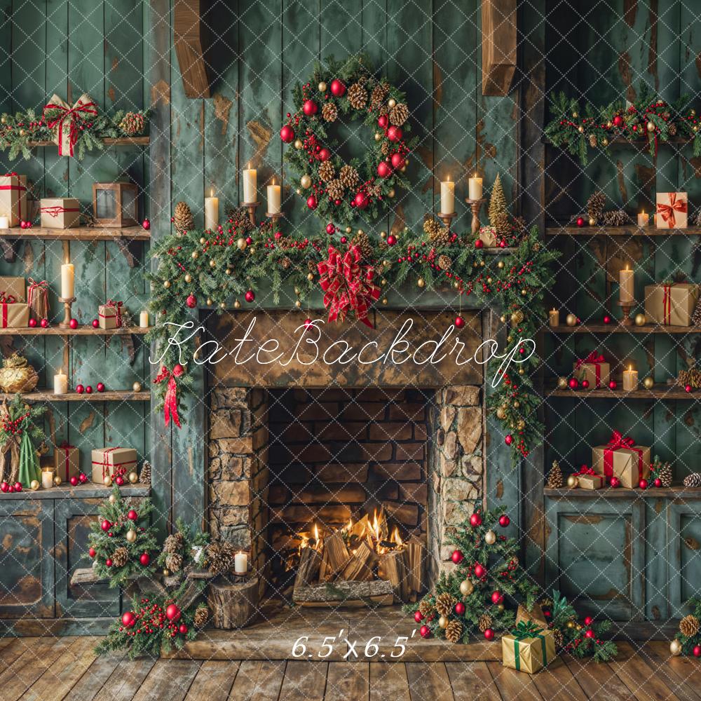 Kate Christmas Green Fireplace Backdrop Designed by Emetselch - Kate Backdrop AU