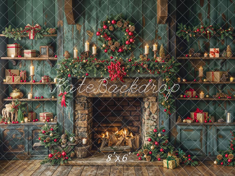 Kate Christmas Green Fireplace Backdrop Designed by Emetselch - Kate Backdrop AU