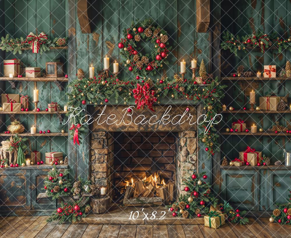Kate Christmas Green Fireplace Backdrop Designed by Emetselch - Kate Backdrop AU