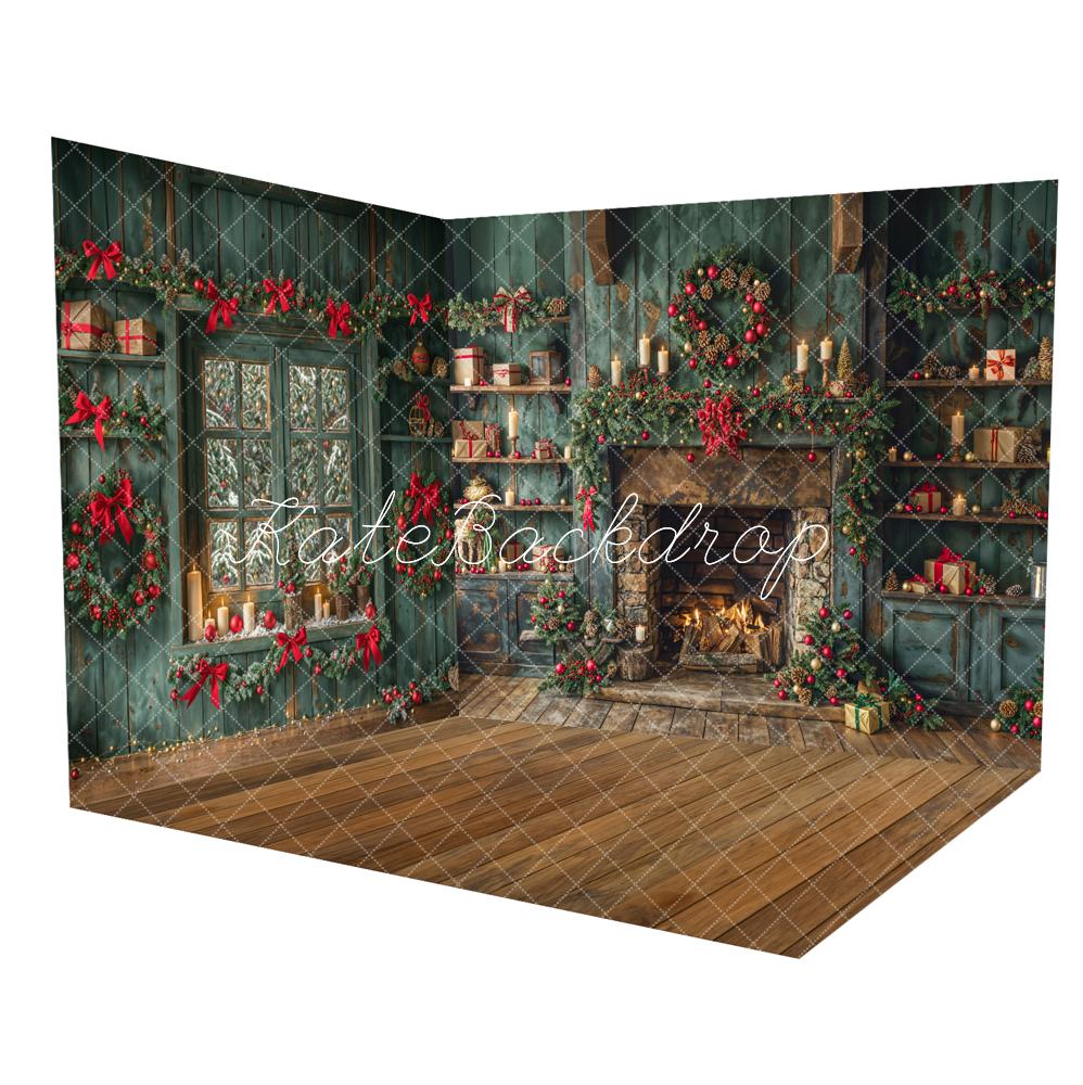 Kate Christmas Vintage Green Window Fireplace Room Set(8ftx8ft&10ftx8ft&8ftx10ft) - Kate Backdrop AU