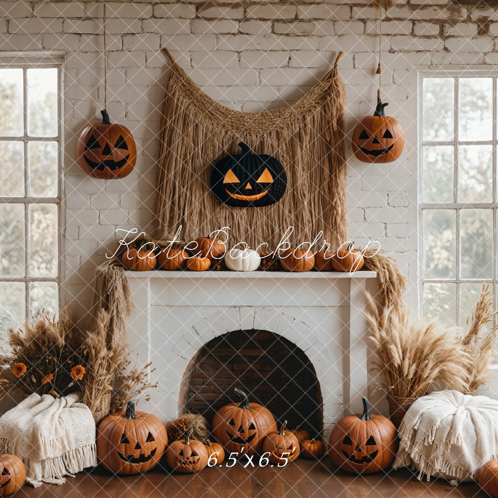 Kate Boho Halloween Backdrop White Fireplace Pumpkin Designed by Emetselch - Kate Backdrop AU
