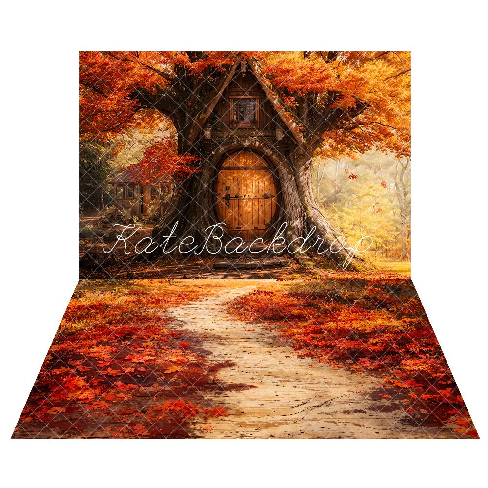 Kate Treehouse Backdrop+Fall Fallen Maple Leaves Path Floor Backdrop - Kate Backdrop AU