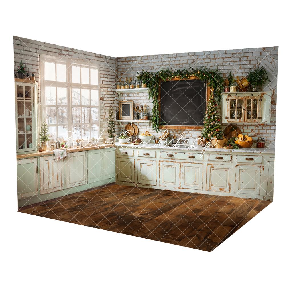 Kate Christmas Kitchen Vintage Cabinet Chalkboard Room Set(8ftx8ft&10ftx8ft&8ftx10ft) - Kate Backdrop AU