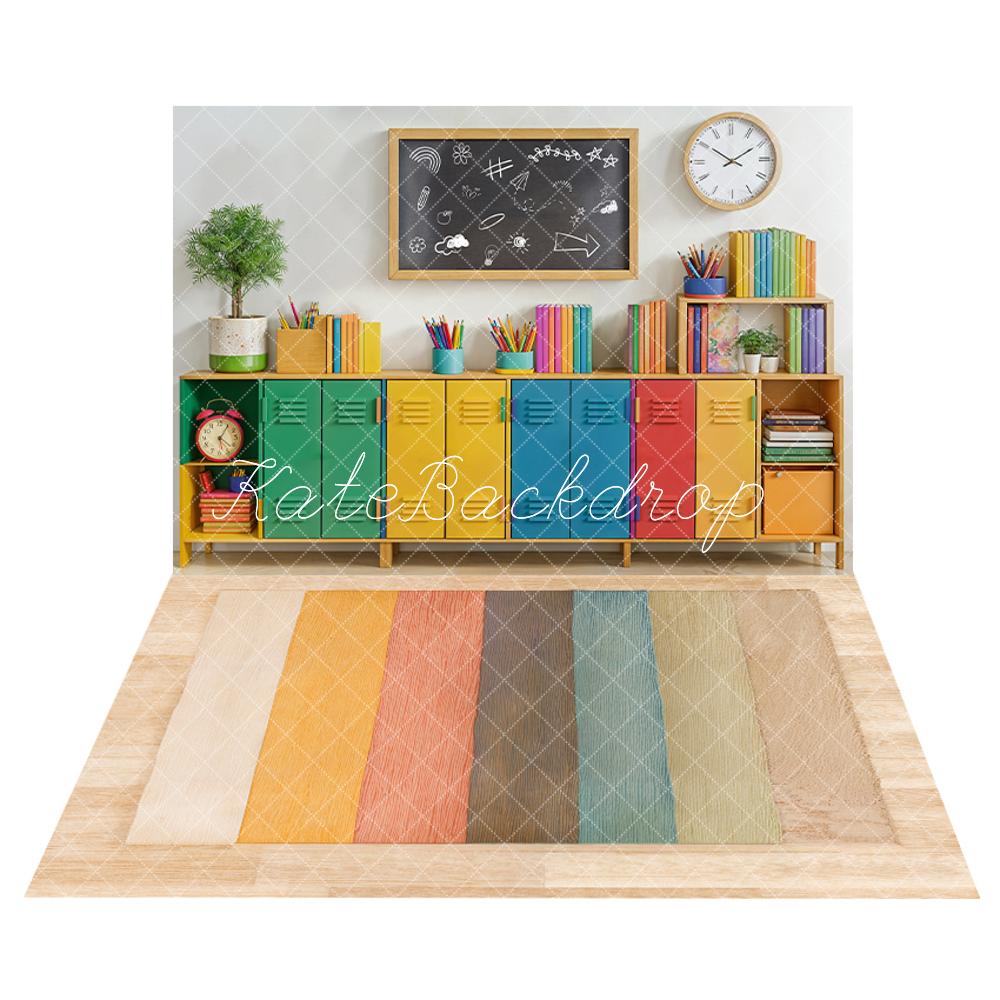 Kate Back to School Colorful Lockers Backdrop+Colorful Wooden Floor Backdrop - Kate Backdrop AU