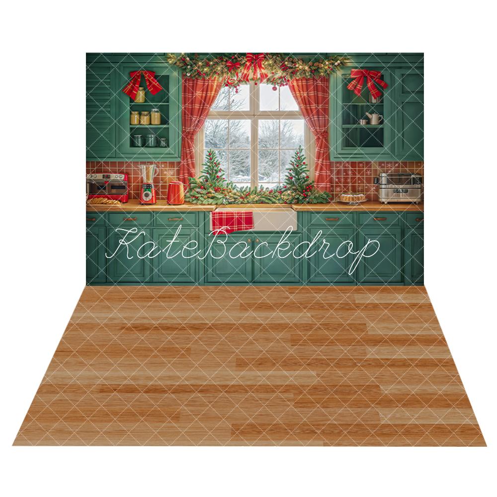 Kate Christmas Tree Green Kitchen Window Backdrop+ Wood Grain Floor Backdrop - Kate Backdrop AU