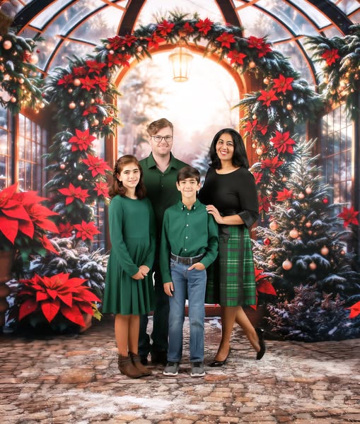 Kate Christmas Poinsettia Garland Snowy Trees Backdrop Designed by Emetselch