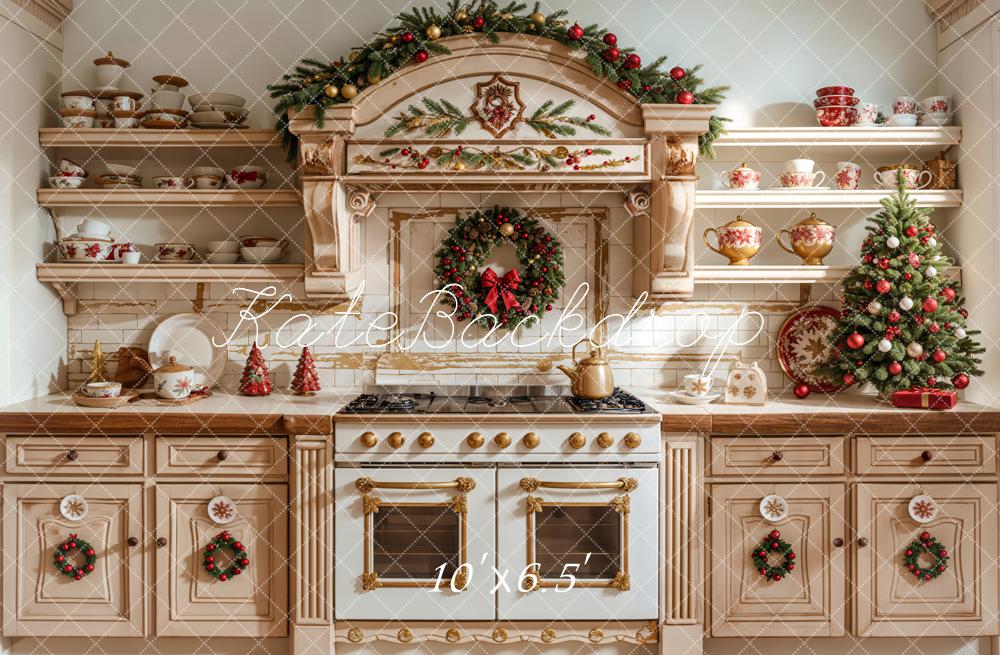 Kate Christmas Kitchen Apricot Cabinet Dishes Backdrop Designed by Emetselch - Kate Backdrop AU