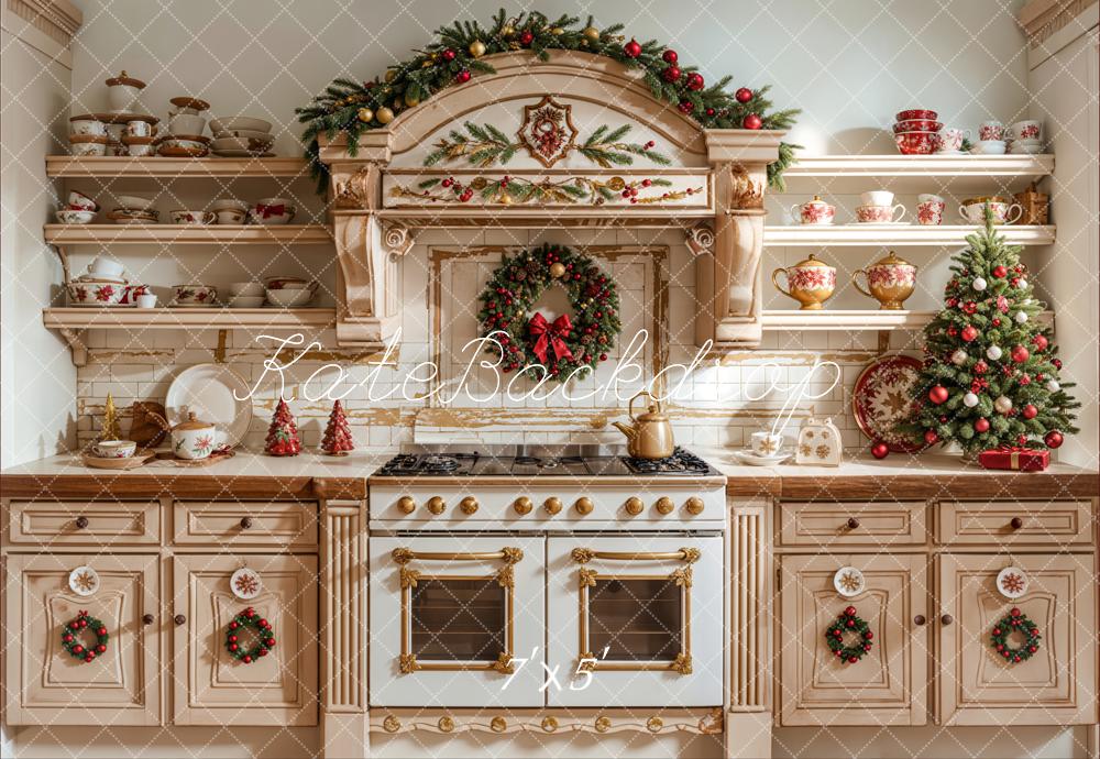Kate Christmas Kitchen Apricot Cabinet Dishes Backdrop Designed by Emetselch - Kate Backdrop AU