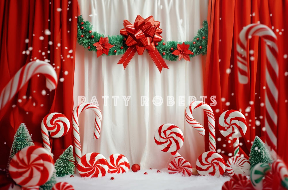Kate Christmas Candy Canes On Red Curtains Backdrop Designed by Patty Robert - Kate Backdrop AU