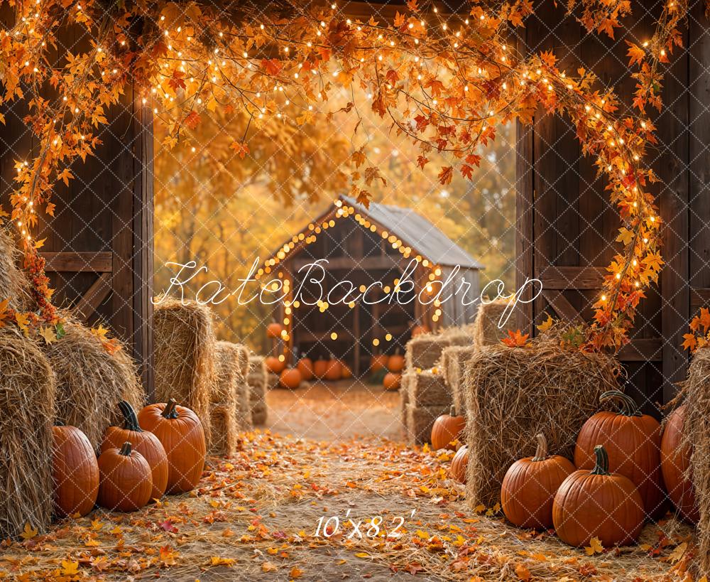 Kate Fall Pumpkin Backdrop Maple Leaf Straw Pile Thanksgiving Day Designed by Emetselch - Kate Backdrop AU