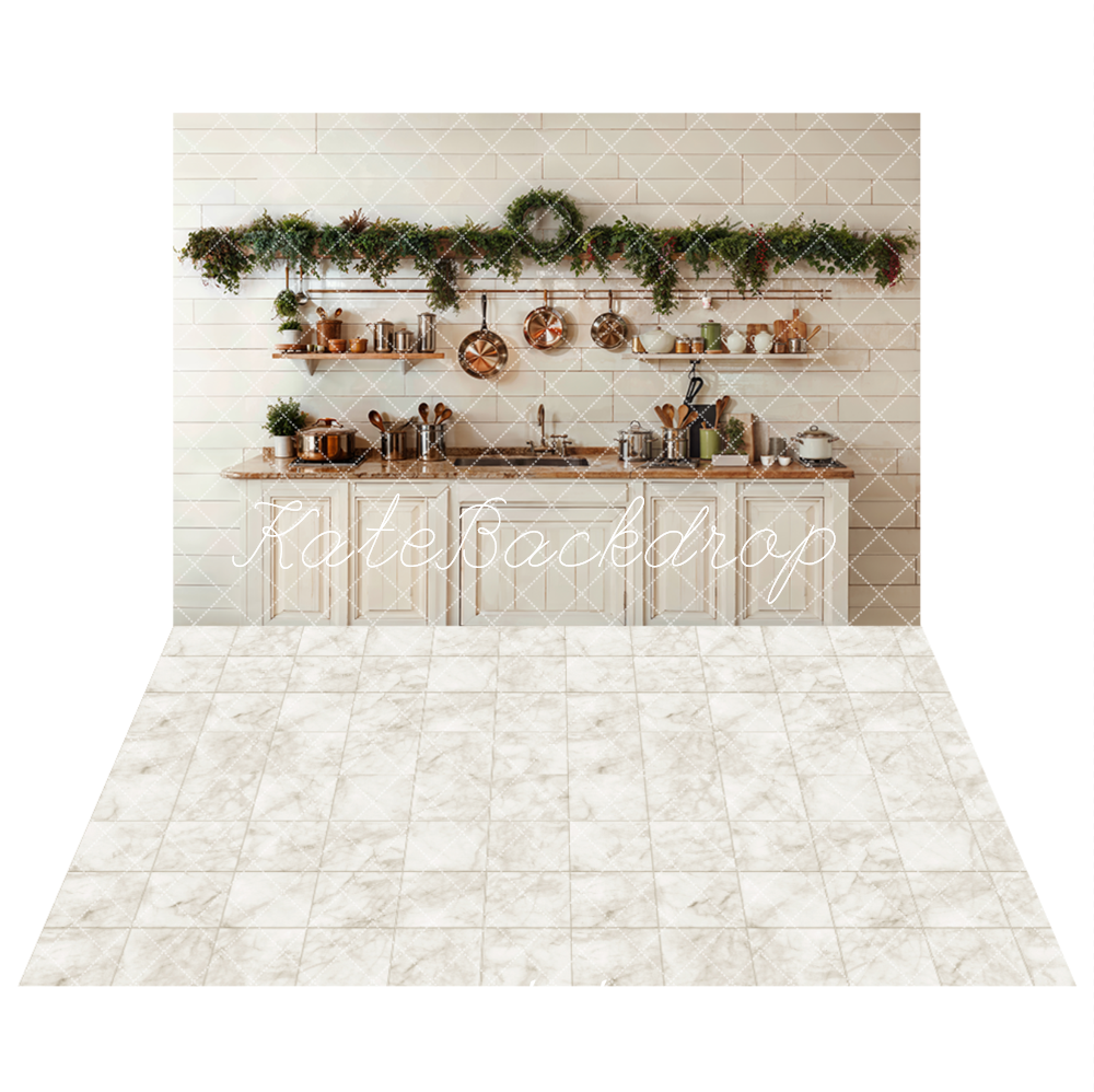 Kate Christmas Kitchen Backdrop+White Marble Texture Floor Backdrop - Kate Backdrop AU