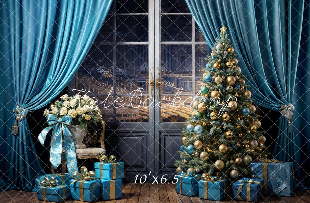 Kate Christmas Tree Backdrop Blue Curtains Gift Designed by Emetselch - Kate Backdrop AU