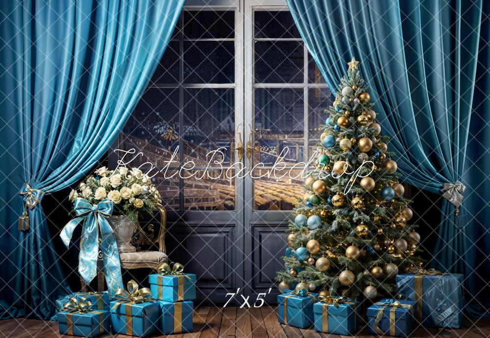 Kate Christmas Tree Backdrop Blue Curtains Gift Designed by Emetselch - Kate Backdrop AU