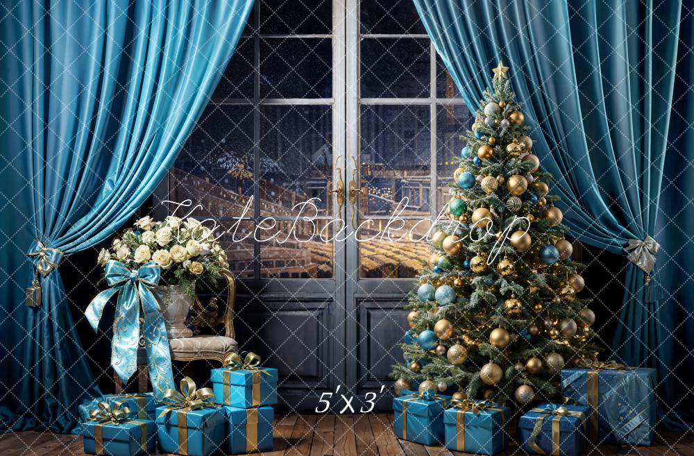 Kate Christmas Tree Backdrop Blue Curtains Gift Designed by Emetselch - Kate Backdrop AU