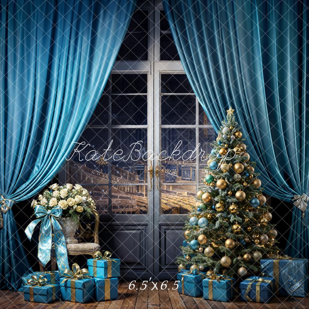 Kate Christmas Tree Backdrop Blue Curtains Gift Designed by Emetselch - Kate Backdrop AU