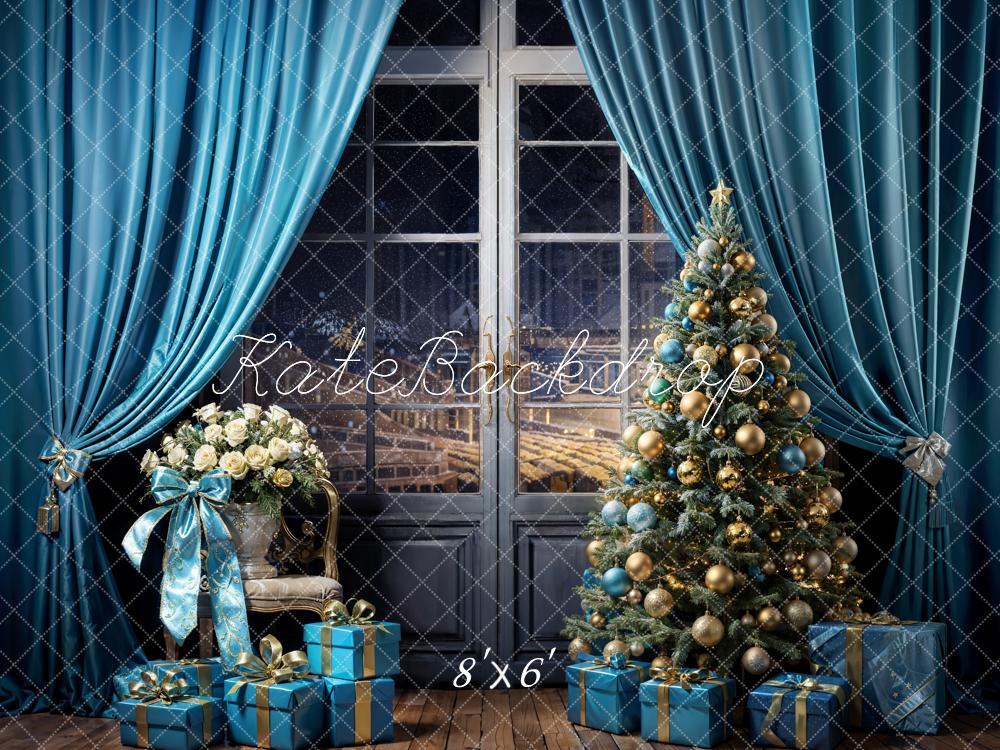 Kate Christmas Tree Backdrop Blue Curtains Gift Designed by Emetselch - Kate Backdrop AU