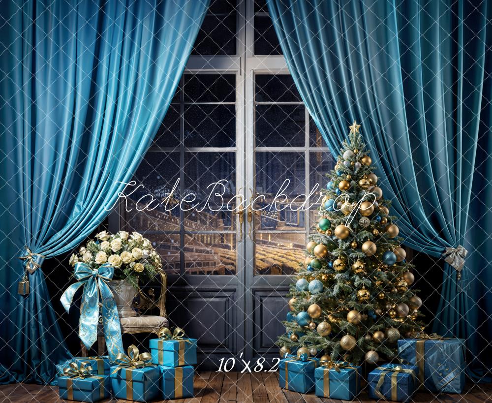Kate Christmas Tree Backdrop Blue Curtains Gift Designed by Emetselch - Kate Backdrop AU