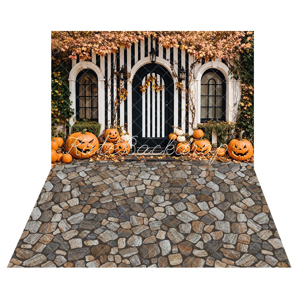 Kate Black White Arch Pumpkin Halloween Backdrop+Stone Floor Backdrop - Kate Backdrop AU