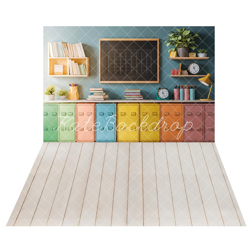 Kate Back to School Color Cabinet Backdrop+Wood Planks Floor Backdrop - Kate Backdrop AU