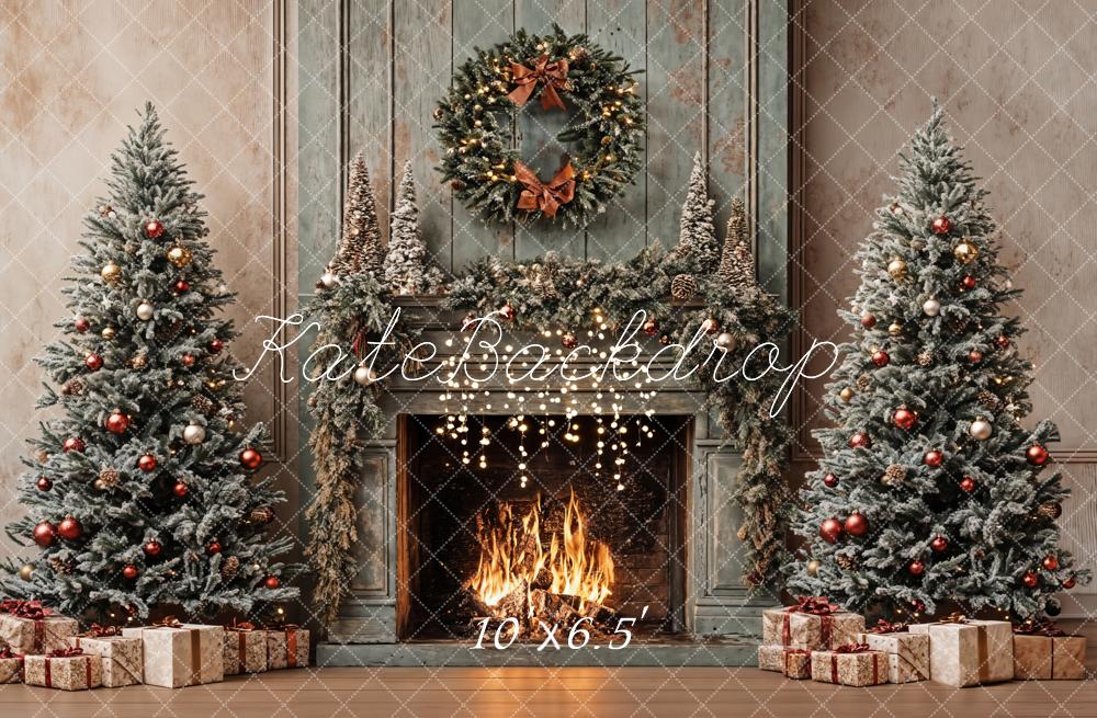 Kate Retro Christmas Tree Fireplace Backdrop Designed by Emetselch - Kate Backdrop AU