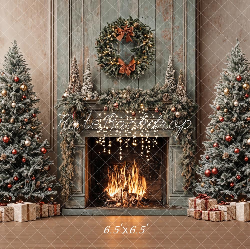 Kate Retro Christmas Tree Fireplace Backdrop Designed by Emetselch - Kate Backdrop AU