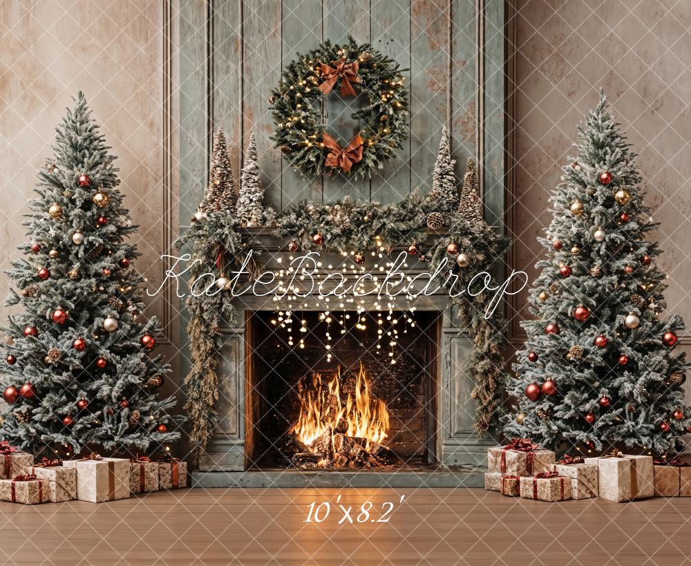 Kate Retro Christmas Tree Fireplace Backdrop Designed by Emetselch - Kate Backdrop AU