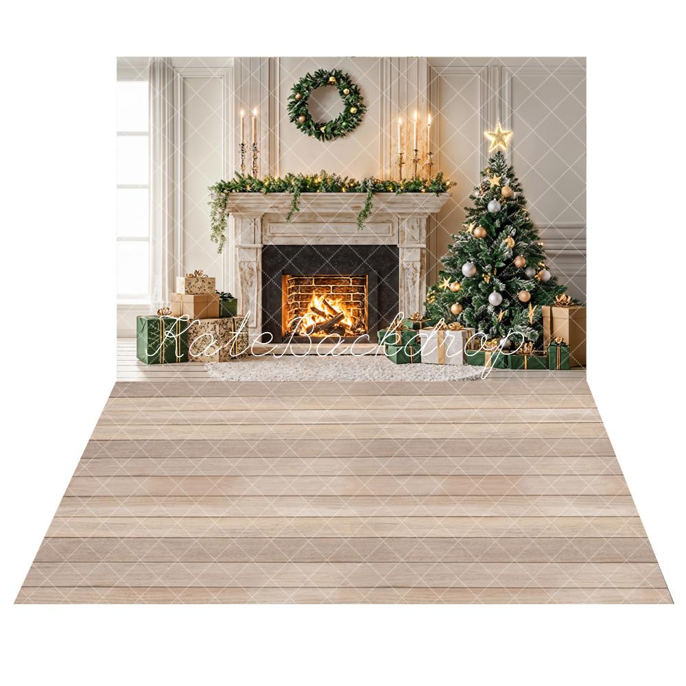 Kate Christmas Tree Fireplace Backdrop+Wood Grain Floor Backdrop - Kate Backdrop AU