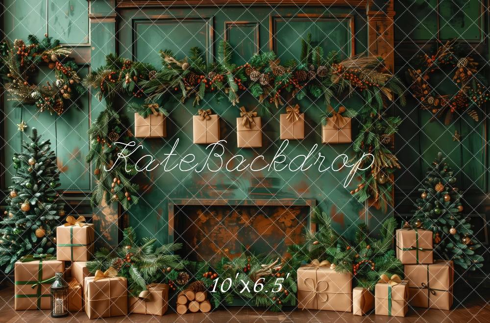 Kate Elegant Green Christmas Fireplace Backdrop Designed by Patty Robert - Kate Backdrop AU
