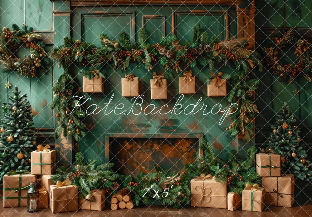 Kate Elegant Green Christmas Fireplace Backdrop Designed by Patty Robert - Kate Backdrop AU