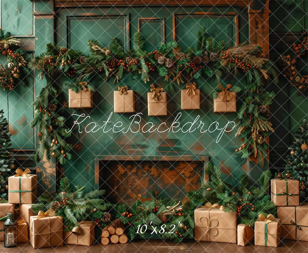 Kate Elegant Green Christmas Fireplace Backdrop Designed by Patty Robert - Kate Backdrop AU