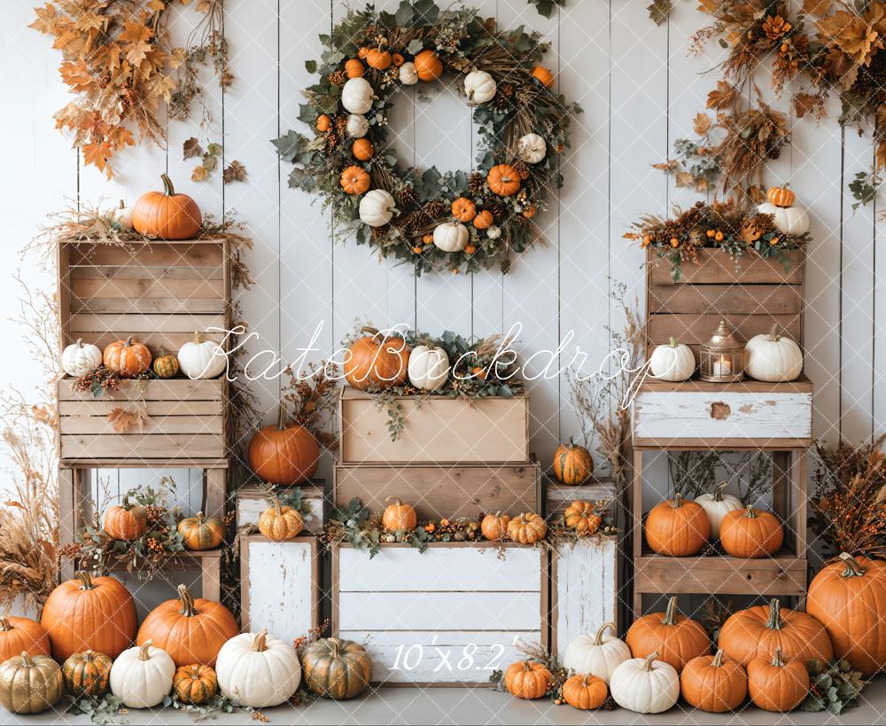 Kate Fall Pumpkins Wreath Wood Box Backdrop Designed by Emetselch - Kate Backdrop AU