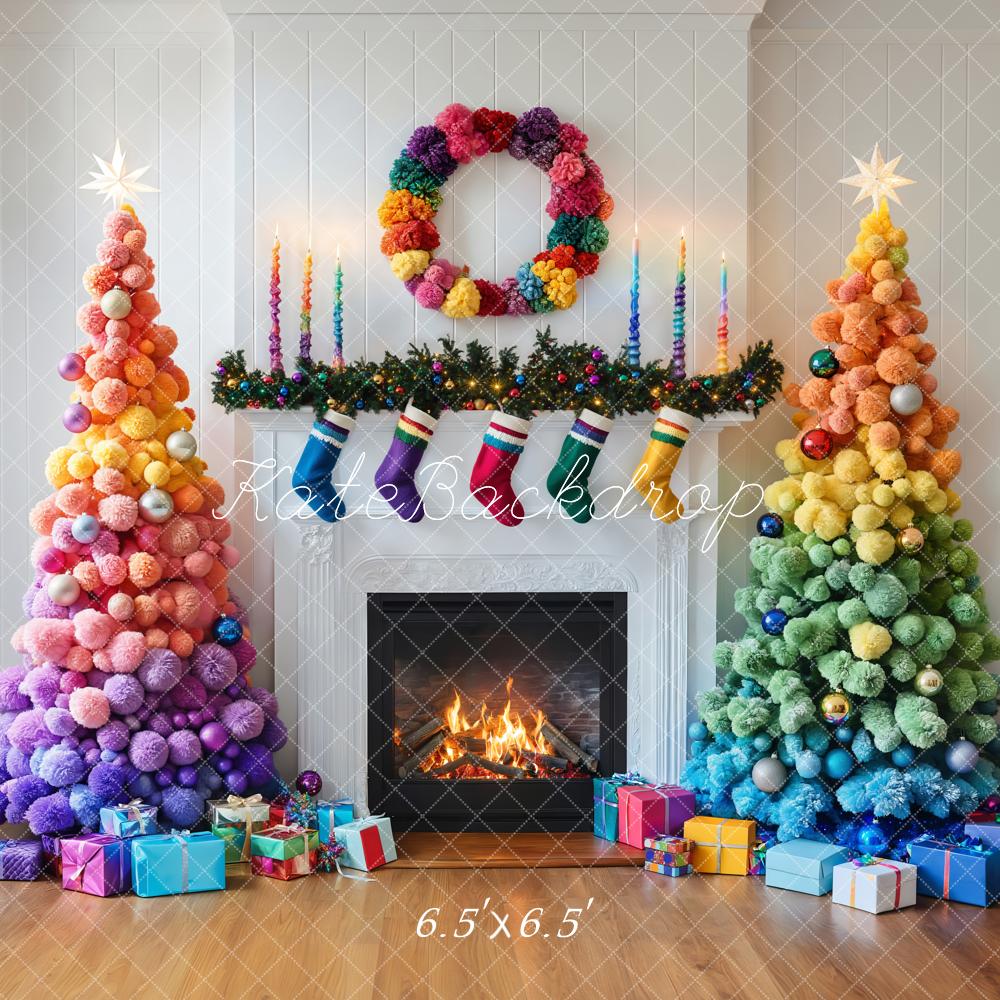 Kate Colorful Christmas Trees Fireplace Backdrop Designed by Emetselch - Kate Backdrop AU