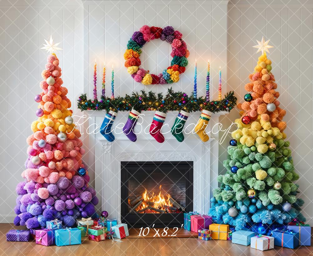 Kate Colorful Christmas Trees Fireplace Backdrop Designed by Emetselch - Kate Backdrop AU