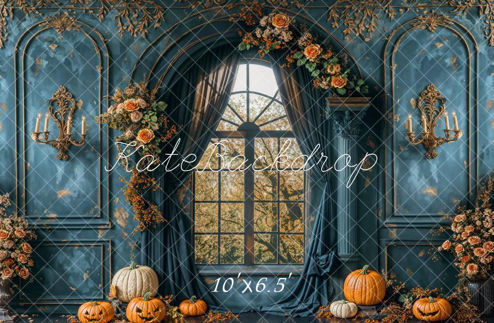 Kate Halloween Retro Blue Flower Window Backdrop Designed by Emetselch - Kate Backdrop AU