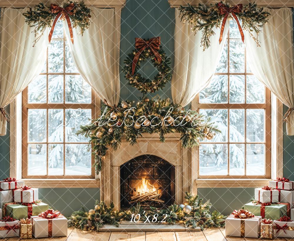 Kate Christmas Fireplace Gifts Window Backdrop Designed by Emetselch - Kate Backdrop AU