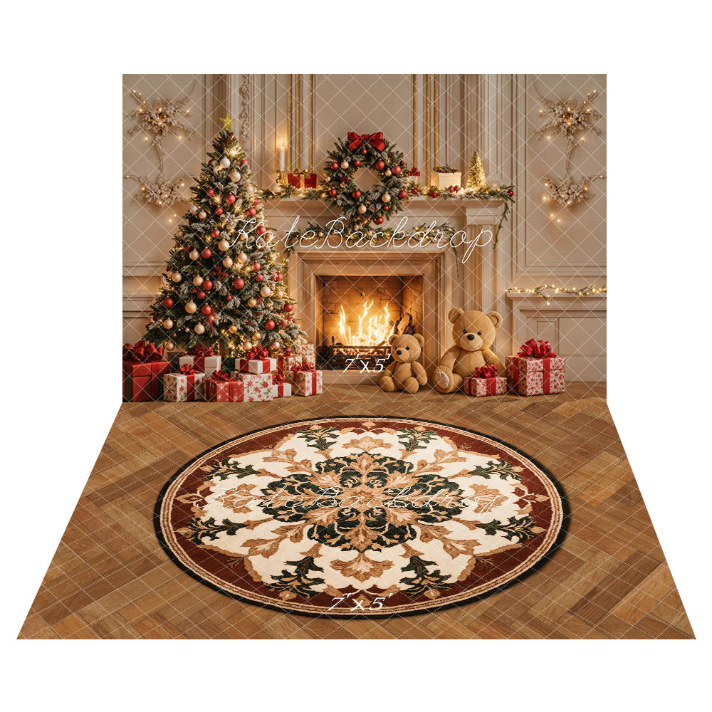 Kate Christmas Tree Fireplace Flame Backdrop+Retro Circular Pattern Floor Backdrop - Kate Backdrop AU