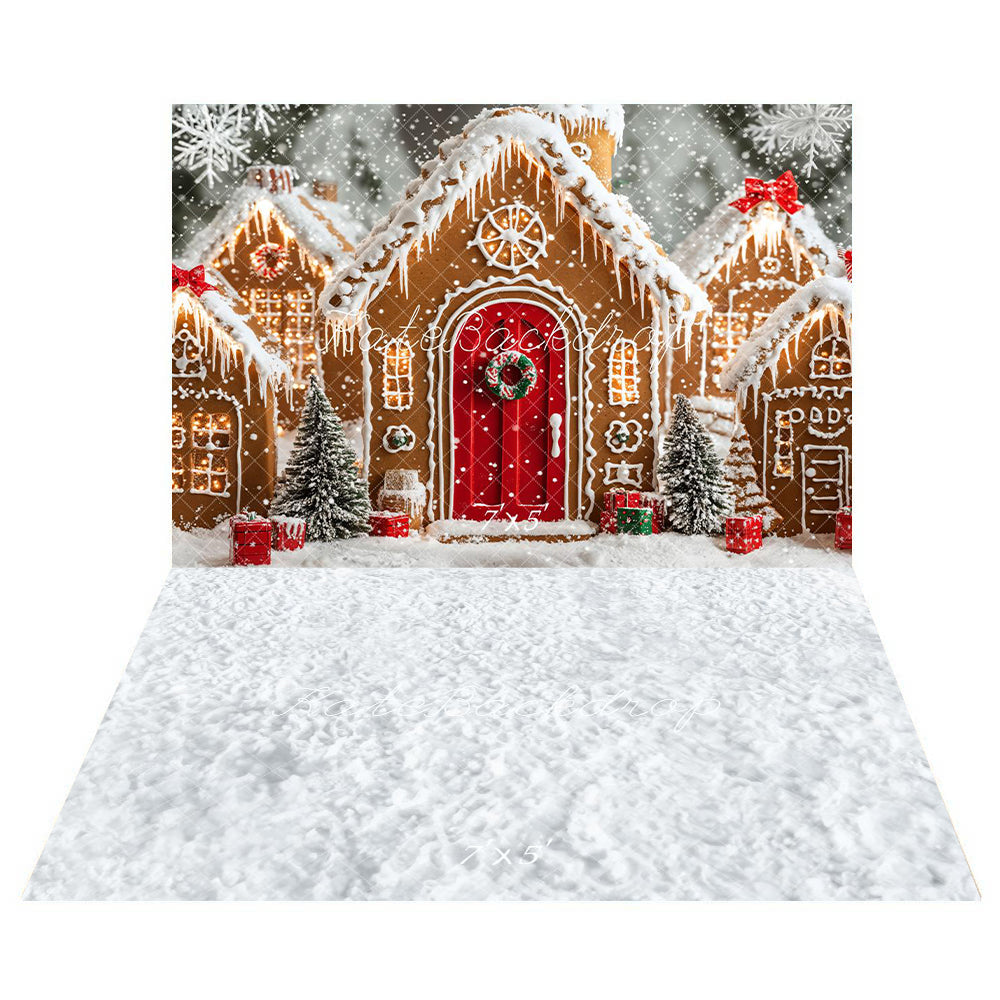 Kate Christmas Gingerbread Houses Snowy Backdrop+Winter Snow Floor Backdrop