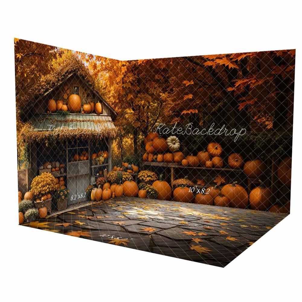 Kate Fall Pumpkin Barn Maple Backdrop Stone Floor Room Set(8ftx8ft&10ftx8ft&8ftx10ft) - Kate Backdrop AU