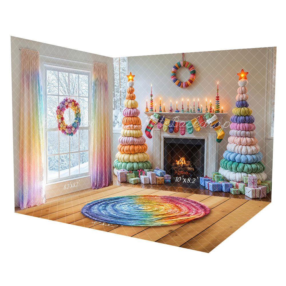 Kate Christmas Colorful Trees Fireplace Rainbow Window Backdorp Room Set(8ftx8ft&10ftx8ft&8ftx10ft) - Kate Backdrop AU