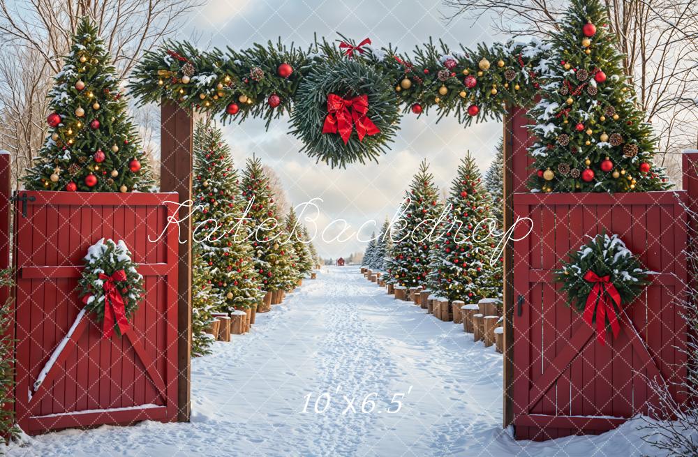 Kate Christmas Tree Snow Backdrop Red Barn Door Designed by Emetselch - Kate Backdrop AU