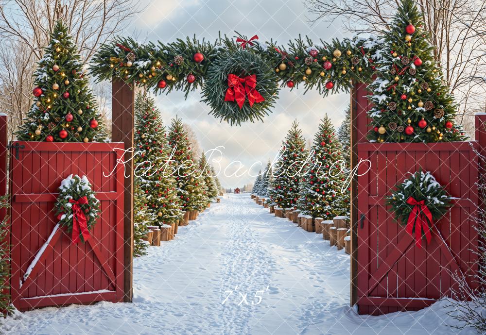 Kate Christmas Tree Snow Backdrop Red Barn Door Designed by Emetselch - Kate Backdrop AU