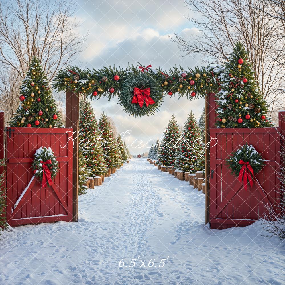 Kate Christmas Tree Snow Backdrop Red Barn Door Designed by Emetselch - Kate Backdrop AU