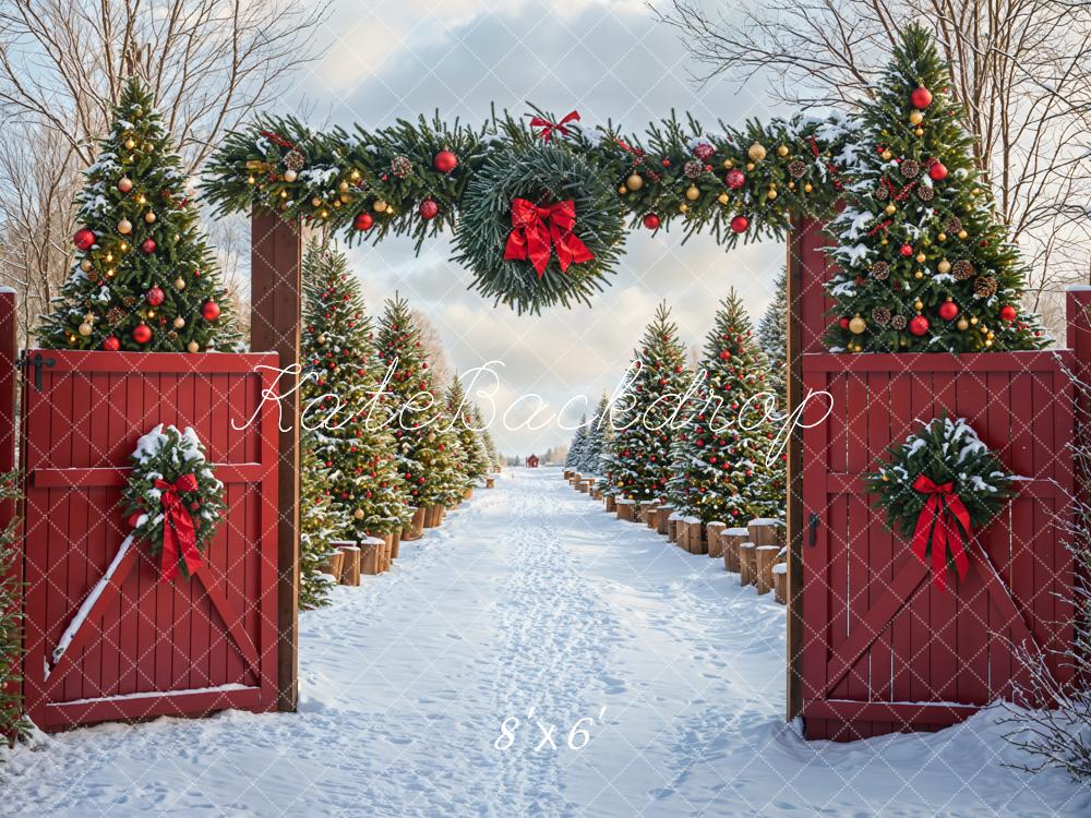 Kate Christmas Tree Snow Backdrop Red Barn Door Designed by Emetselch - Kate Backdrop AU